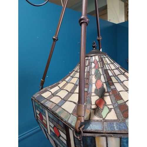 633 - Good quality leaded glass hanging lantern in the Victorian style. {90 cm H x 45 cm W x 45 cm D}.