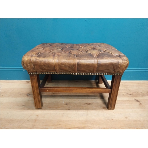 72 - Early 20th C. hand dyed deep buttoned leather stool. {40 cm H x 65 cm W x 49 cm D}.