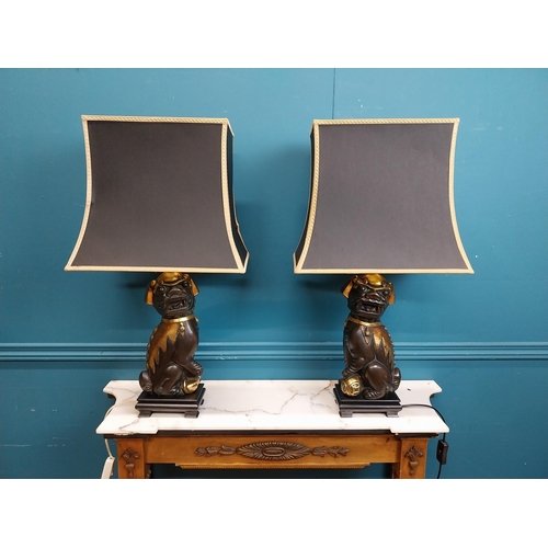 79 - Pair of exceptional quality gilded bronze Dog of Fu lamps with cloth shades. {55 cm H x 36 cm W x 25... 