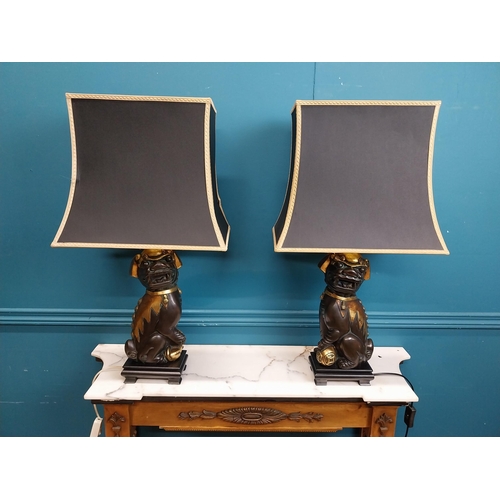 79 - Pair of exceptional quality gilded bronze Dog of Fu lamps with cloth shades. {55 cm H x 36 cm W x 25... 