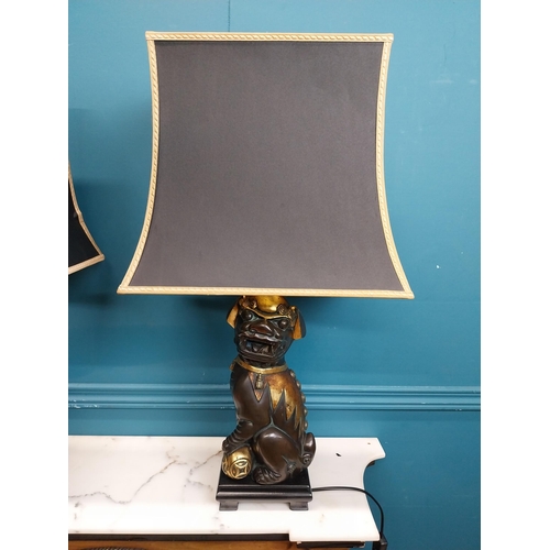 79 - Pair of exceptional quality gilded bronze Dog of Fu lamps with cloth shades. {55 cm H x 36 cm W x 25... 