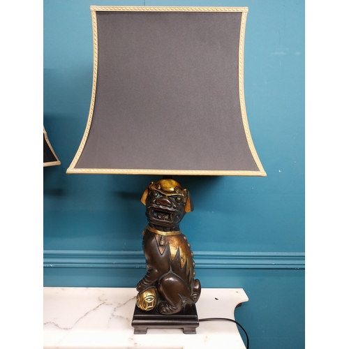 79 - Pair of exceptional quality gilded bronze Dog of Fu lamps with cloth shades. {55 cm H x 36 cm W x 25... 