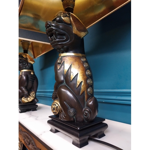 79 - Pair of exceptional quality gilded bronze Dog of Fu lamps with cloth shades. {55 cm H x 36 cm W x 25... 