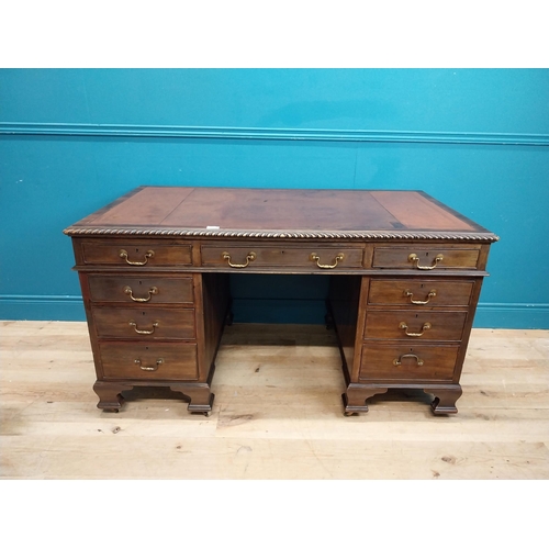 97 - Edwardian mahogany pedestal desk with drawers and tooled leather top. {77 cm H x 180 cm W x 75 cm D}... 