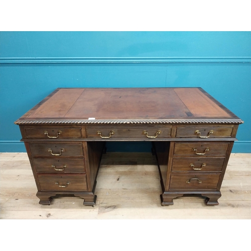 97 - Edwardian mahogany pedestal desk with drawers and tooled leather top. {77 cm H x 180 cm W x 75 cm D}... 