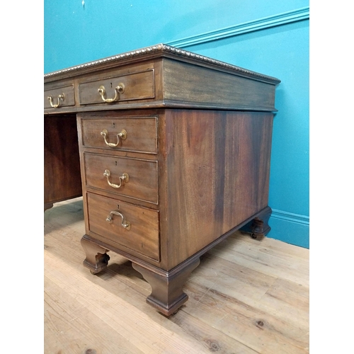 97 - Edwardian mahogany pedestal desk with drawers and tooled leather top. {77 cm H x 180 cm W x 75 cm D}... 