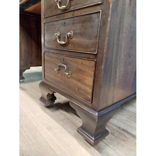 97 - Edwardian mahogany pedestal desk with drawers and tooled leather top. {77 cm H x 180 cm W x 75 cm D}... 