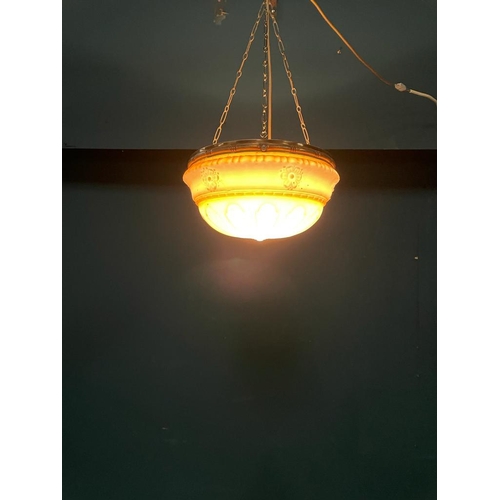 152 - Edwardian glass hanging shade with brass gallery {60 cm H x 40 cm Dia.}.