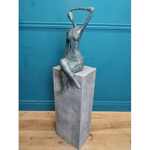 163 - Exceptional quality contemporary bronze sculpture of a Lady raised on slate base {109 cm H x 27 cm W... 