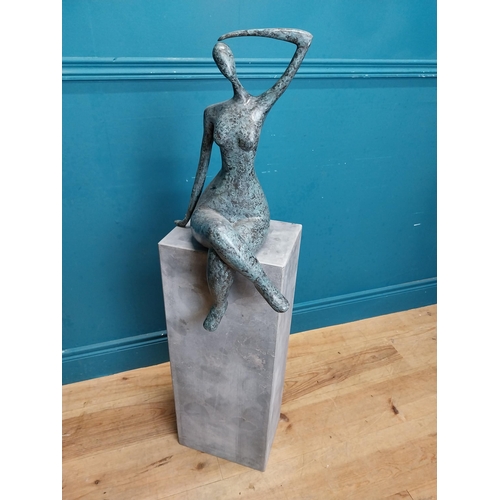 163 - Exceptional quality contemporary bronze sculpture of a Lady raised on slate base {109 cm H x 27 cm W... 