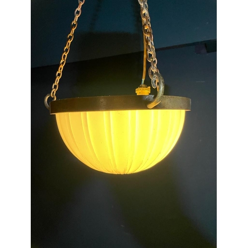 196 - Brass and opaline glass hanging shade {}.