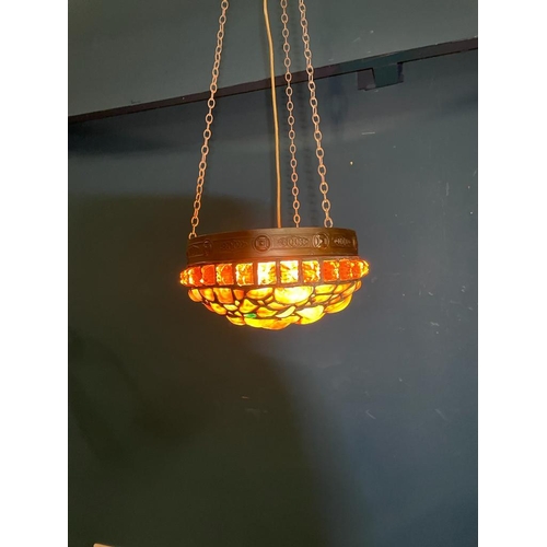 222 - Good quality Edwardian bronze and leaded mother of pearl hanging light shade {}.