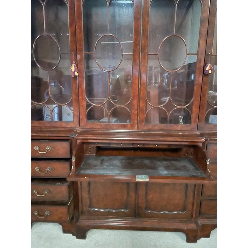 348 - Good quality burr walnut four door secretaire bookcase in the Georgian style {224 cm H x 210 cm W x ... 