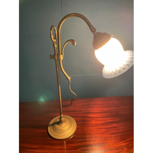 405 - Edwardian brass students lamp with blue glass shade {50 cm H x 30 cm W}.