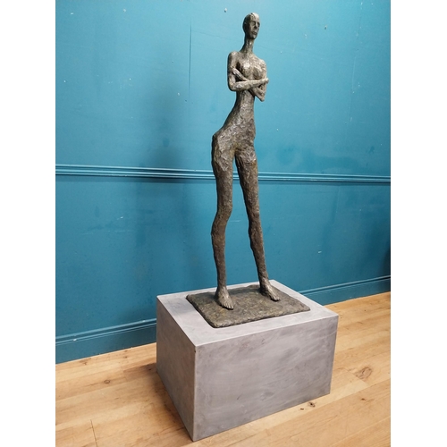 449 - Exceptional quality contemporary bronze sculpture of a Lady with arms folded raised on slate base {1... 