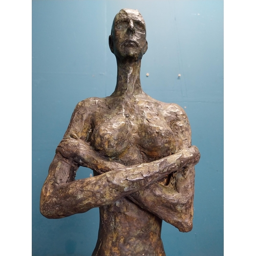 449 - Exceptional quality contemporary bronze sculpture of a Lady with arms folded raised on slate base {1... 