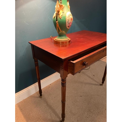 480 - Georgian mahogany side table with single drawer in the frieze raised on turned legs and brass castor... 