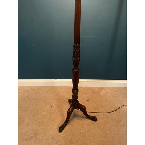 505 - Edwardian mahogany standard lamp with cloth shade {190 cm H x 60 cm Dia.}.