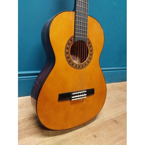 565 - Valencia 6 string left handed acoustic Guitar {94 cm H x 31 cm W x 10 cm D}.