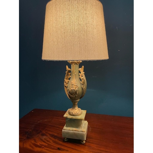 99 - Pair of good quality Edwardian onyx and brass tables lamps with cloth shades {}.