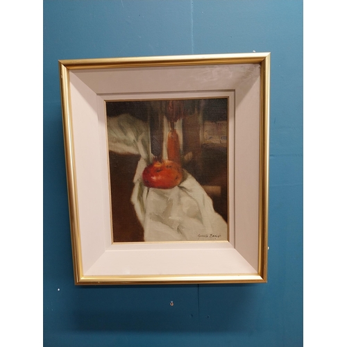 482 - James English 'Pomegranate and Flask' oil on canvas mounted in gilt frame {30 cm H x 25 cm W}.