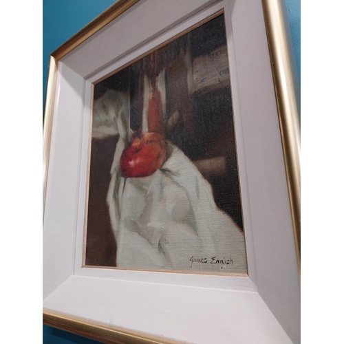 482 - James English 'Pomegranate and Flask' oil on canvas mounted in gilt frame {30 cm H x 25 cm W}.