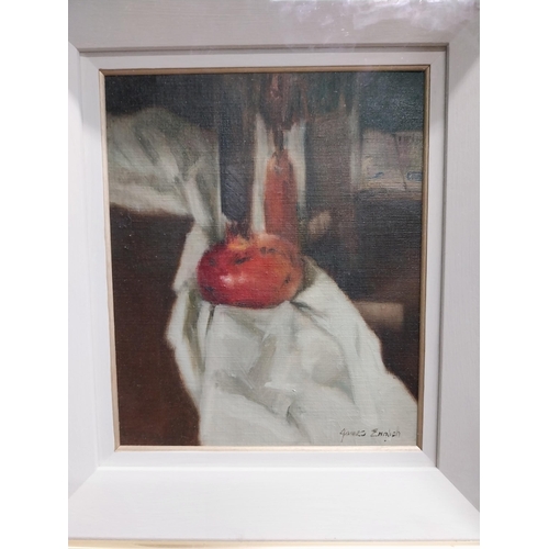 482 - James English 'Pomegranate and Flask' oil on canvas mounted in gilt frame {30 cm H x 25 cm W}.