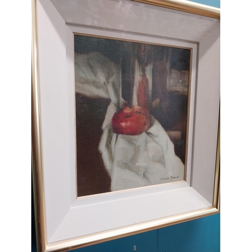 482 - James English 'Pomegranate and Flask' oil on canvas mounted in gilt frame {30 cm H x 25 cm W}.