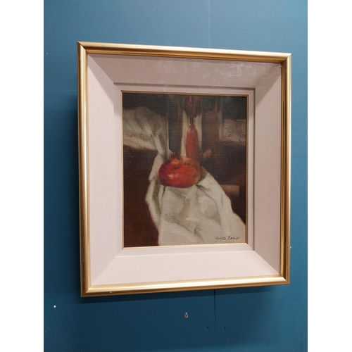 482 - James English 'Pomegranate and Flask' oil on canvas mounted in gilt frame {30 cm H x 25 cm W}.