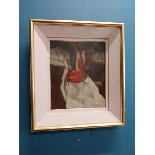 482 - James English 'Pomegranate and Flask' oil on canvas mounted in gilt frame {30 cm H x 25 cm W}.