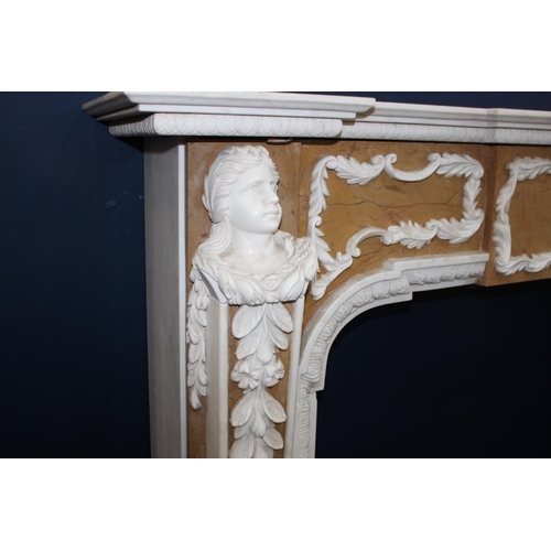 198 - Statuary marble fireplace with jasper inlay decorated with hand carved marble figures {H 115cm x W 1... 