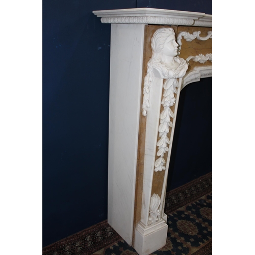 198 - Statuary marble fireplace with jasper inlay decorated with hand carved marble figures {H 115cm x W 1... 