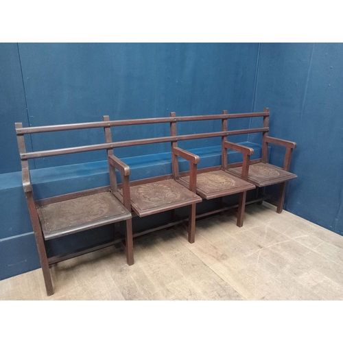 214 - Four seater hall bench with motif seat?{H 91cm x W 200cm x D 41cm?} (NOT AVAILABLE TO VIEW IN PERSON... 