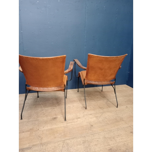 356 - Pair of metal ribbed leather baker chairs tan {H 88cm x W 65cm x D 75cm } (NOT AVAILABLE TO VIEW IN ... 