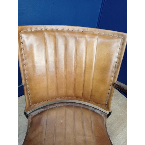 356 - Pair of metal ribbed leather baker chairs tan {H 88cm x W 65cm x D 75cm } (NOT AVAILABLE TO VIEW IN ... 