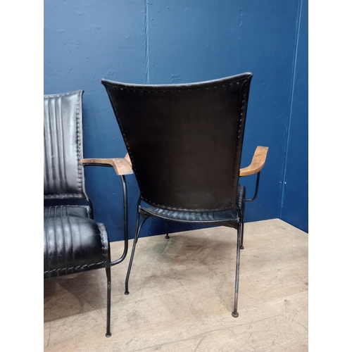 369 - Pair of metal ribbed leather baker chairs black {H 88cm x W 65cm x D 75cm } (NOT AVAILABLE TO VIEW I... 