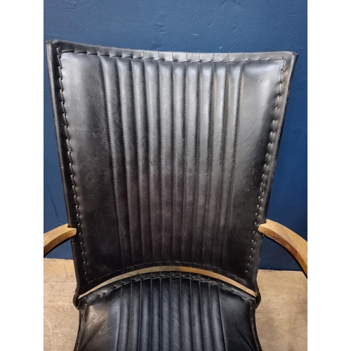 369 - Pair of metal ribbed leather baker chairs black {H 88cm x W 65cm x D 75cm } (NOT AVAILABLE TO VIEW I... 