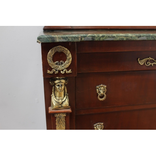 416 - Walnut chest mirrored back surmounted with brass cherubs, swags and eagle above marble top over four... 