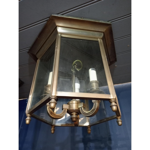 462 - Pair of brass three lamp ceiling lights {H 32cm x W 30cm x D 30cm } (NOT AVAILABLE TO VIEW IN PERSON... 