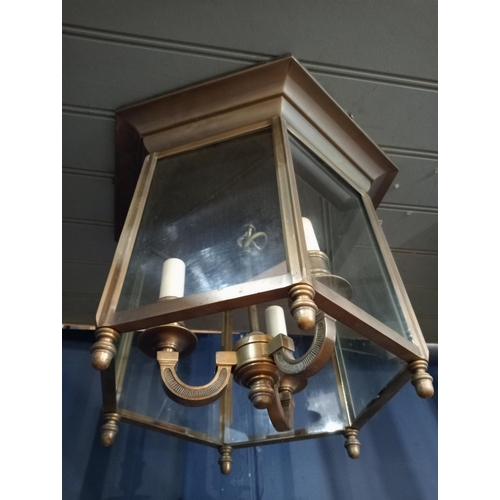 462 - Pair of brass three lamp ceiling lights {H 32cm x W 30cm x D 30cm } (NOT AVAILABLE TO VIEW IN PERSON... 