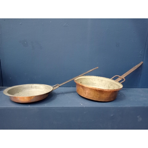 526 - Pair of copper pans {H 8cm x W 54cm x D 3cm} (NOT AVAILABLE TO VIEW IN PERSON)