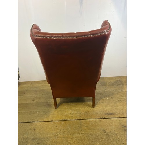 303 - Fireside-wingback red  hand buttoned back leather chair {H 110cm x W 76cm x D 60cm } (NOT AVAILABLE ... 