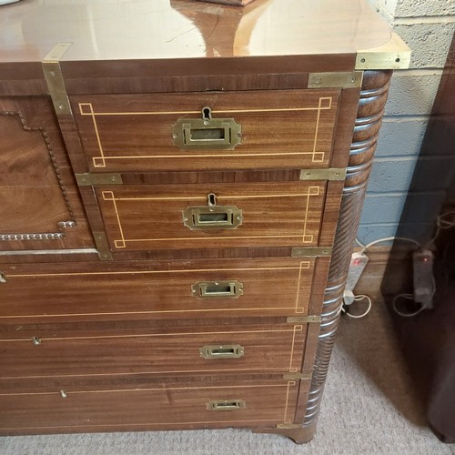 60 - Mahogany brass bound campaign chest {102cm H 118cm W x 57cm D}