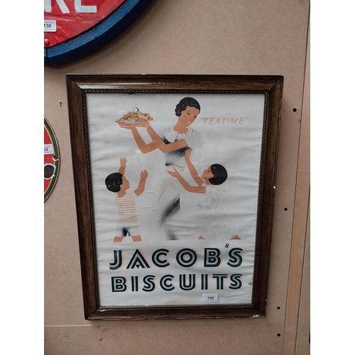 655 - Jacob's Biscuits showcard in original wooden stamped frame. {56 cm H x 43 cm W}.