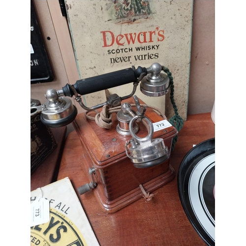 635 - Early 1900's mahogany and chrome telephone. {24 cm H x 19 cm W x 19 cm D}