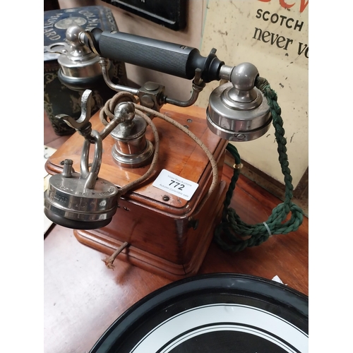 635 - Early 1900's mahogany and chrome telephone. {24 cm H x 19 cm W x 19 cm D}