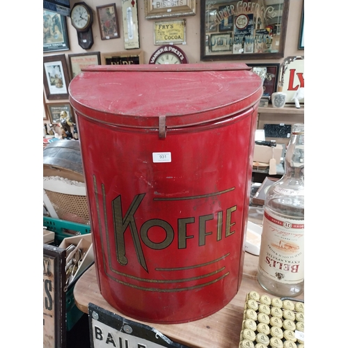 675 - Early 20th C. tin plate lidded Koffie dispenser. {56 cm H x 37 cm W  x 27 cm D}.