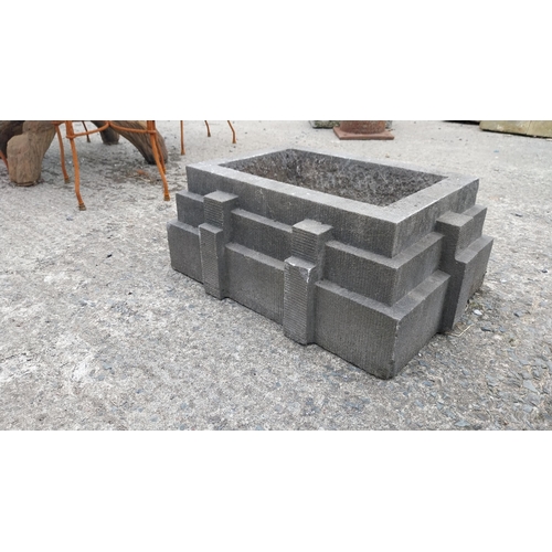 715 - Art Deco cut limestone planter {28 cm H x 62 cm W x 45 cm D}.