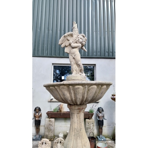 716 - Good quality moulded stone two tiered fountain surmounted with Cherub including surround {Overall 24... 