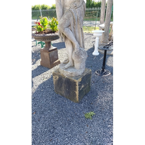 732 - Early 20th C. weathered composition statue of a Grecian Lady raised on sandstone pedestal {Overall 2... 